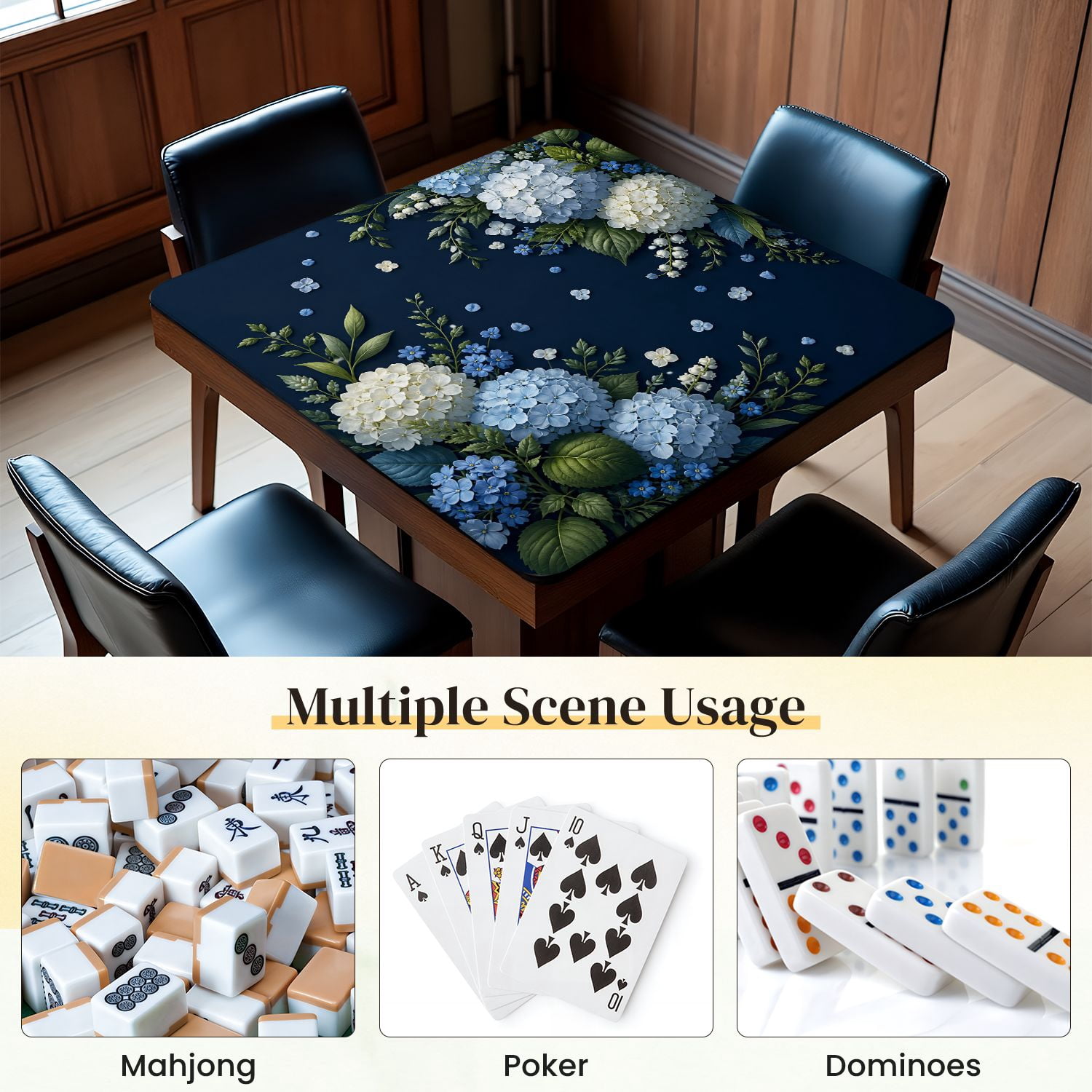 Mahjong Mat 31.5" x 31.5" Blue White Hydrangea Floral Green Leaves Dark Non-Slip Noise Reduction Mahjong Tiles Table Cover for Dominoes Poker Card Board and Tile Games