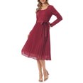 thumbnail image 2 of INSPIRE CHIC Women's Pleated Dress Crewneck A Line Flowy Casual Long Sleeve Midi Dresses with Belt Fall Outfits S Wine Red, 2 of 6
