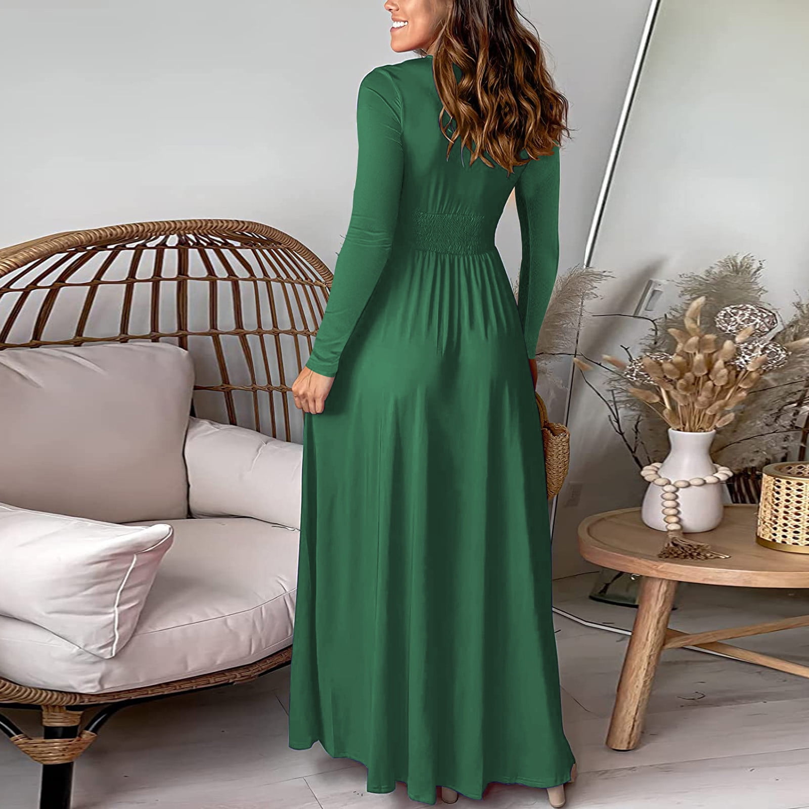 Long Sleeve Party Dress for Women Elegant Wedding Guest Evening Maxi Gown V Neck Pleated High Split Formal Dress (Medium, Green)