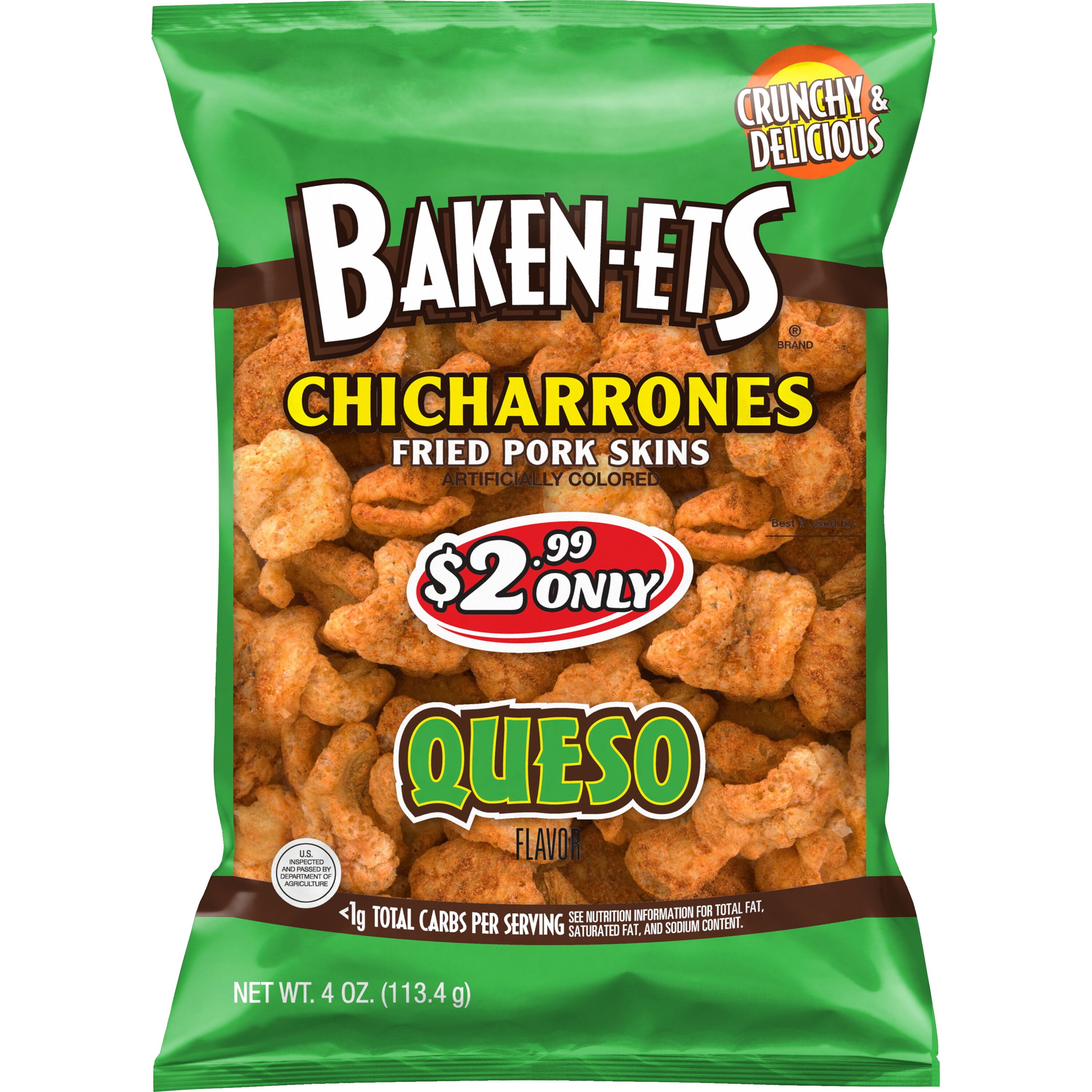 (2 pack) Baken-ets Chicharrones Fried Pork Skins Queso Flavored 4 oz Bag