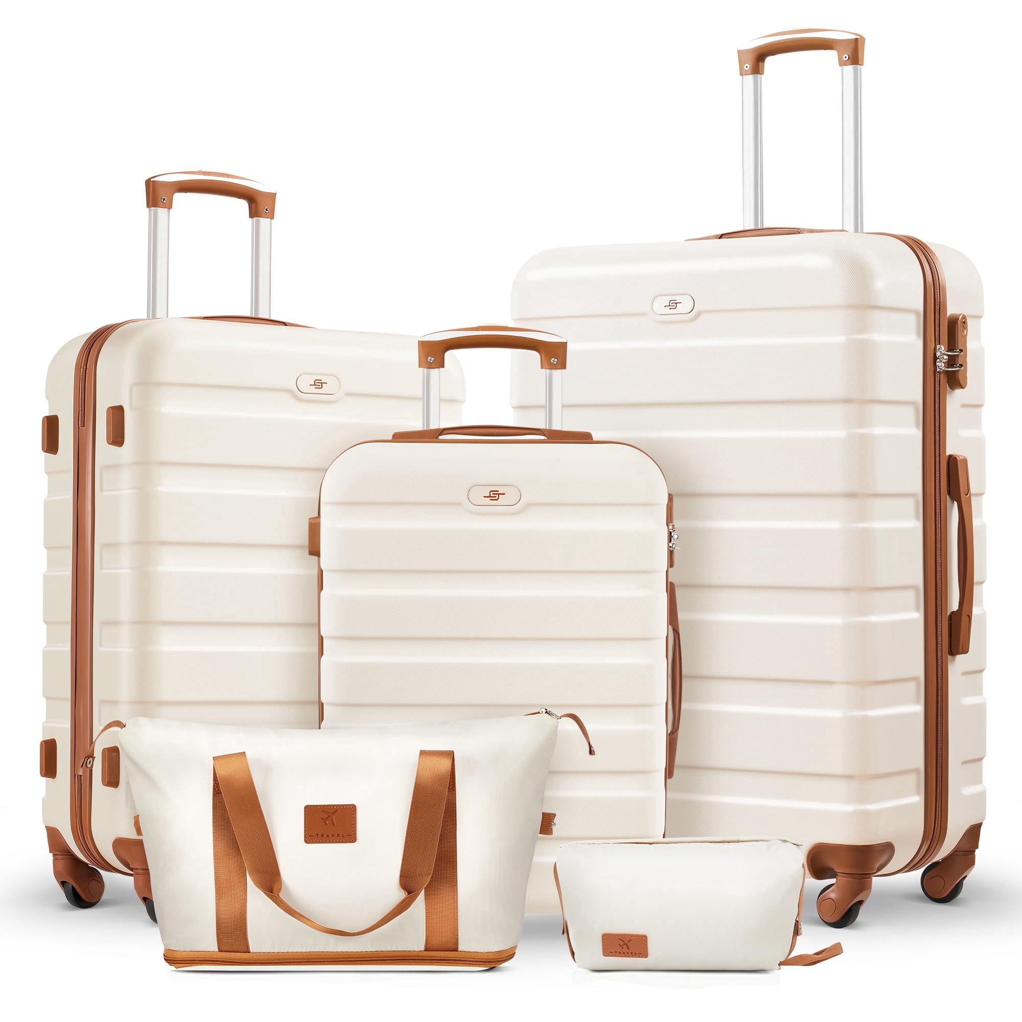 5 Pcs Travel Luggage Sets, 20 24 28 inch Carry-on and Checked Suitcase with Expandable Duffle Bags, White Tan