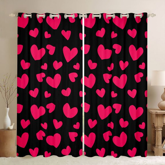 Feelyou Romantic Love Heart Black Out Curtains for Child, Kawaii Cartoon Black Red Curtains Pack of 2 (42x63 Each), Dreamy Princess Style Bedroom Curtains, Black Out Curtains Decor