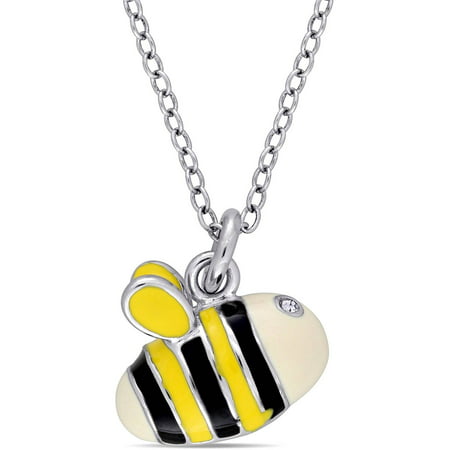 Cutie Pie Sterling Silver Kids' Bee Pendant with Crystals and Black and Yellow Enamel, 14 with 2 Extension