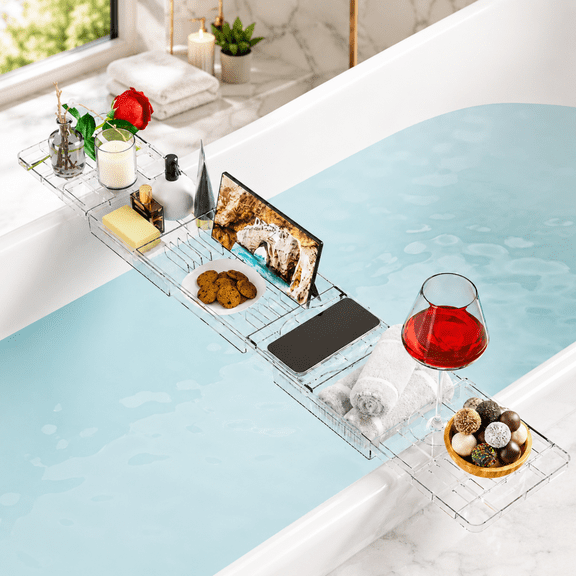 Sentryse Clear Bathtub Tray Expandable, Acrylic Bath Tray for Tub with Tablet Stand, Phone Holder, Drink Slot and Removable Side Trays