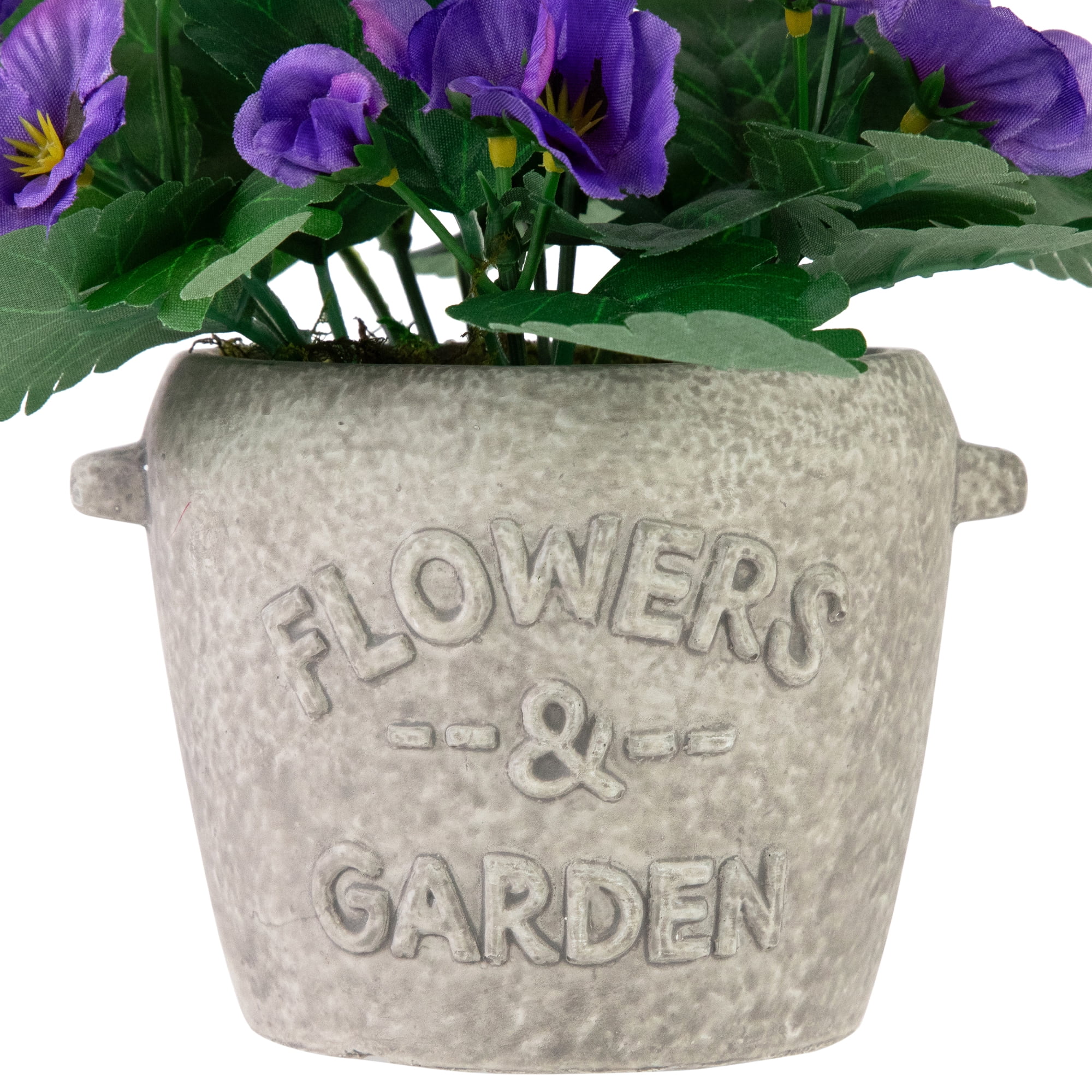 8" Purple Pansy Flower Artificial Spring Plant in a Cement Pot