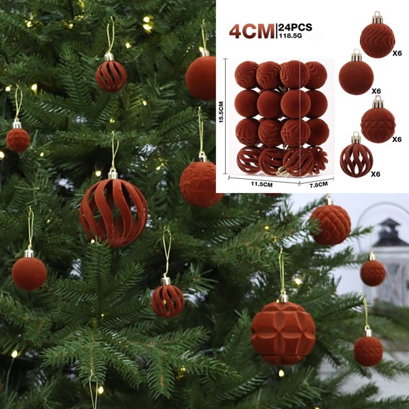 Dgankt Christmas Ornaments Set 24 Pcs Flocked Christmas Balls Velvet Shatterproof Decorations for Christmas Tree Decor Brown