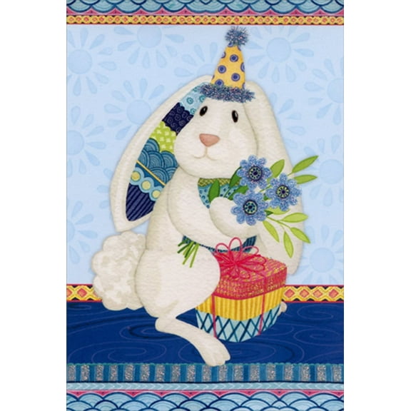 Pictura White Bunny Holding Blue Flowers Nicole Tamarin Patchwork Birthday Card