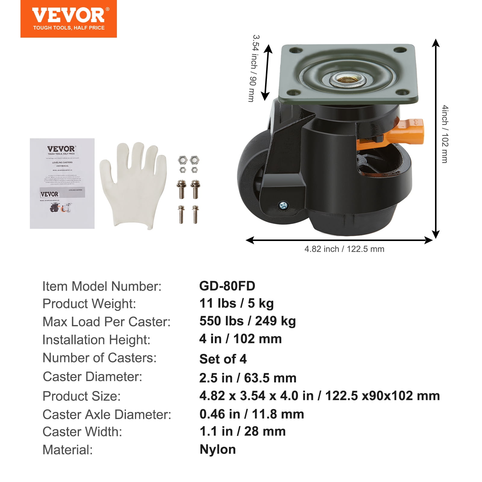 VEVOR Leveling Casters, Set of 4, 2200 lbs Total Load Capacity, 2.5 inches, Heavy Duty with Upgraded Handle Design, 360 Degree Swivel Caster Wheels, Adjustable Casters with Feet for Workbench
