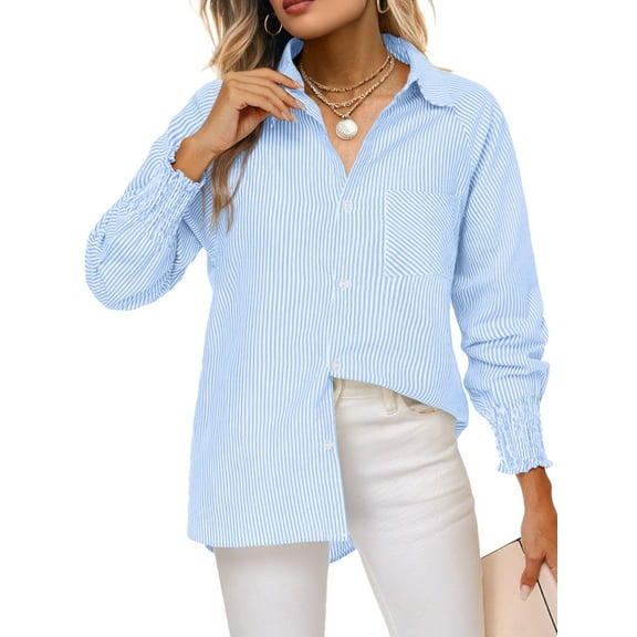 Airmenty Women's Button Down Shirts Long Sleeve Smocked Cuffed Striped Work Blouses Tops with Pocket Shirred