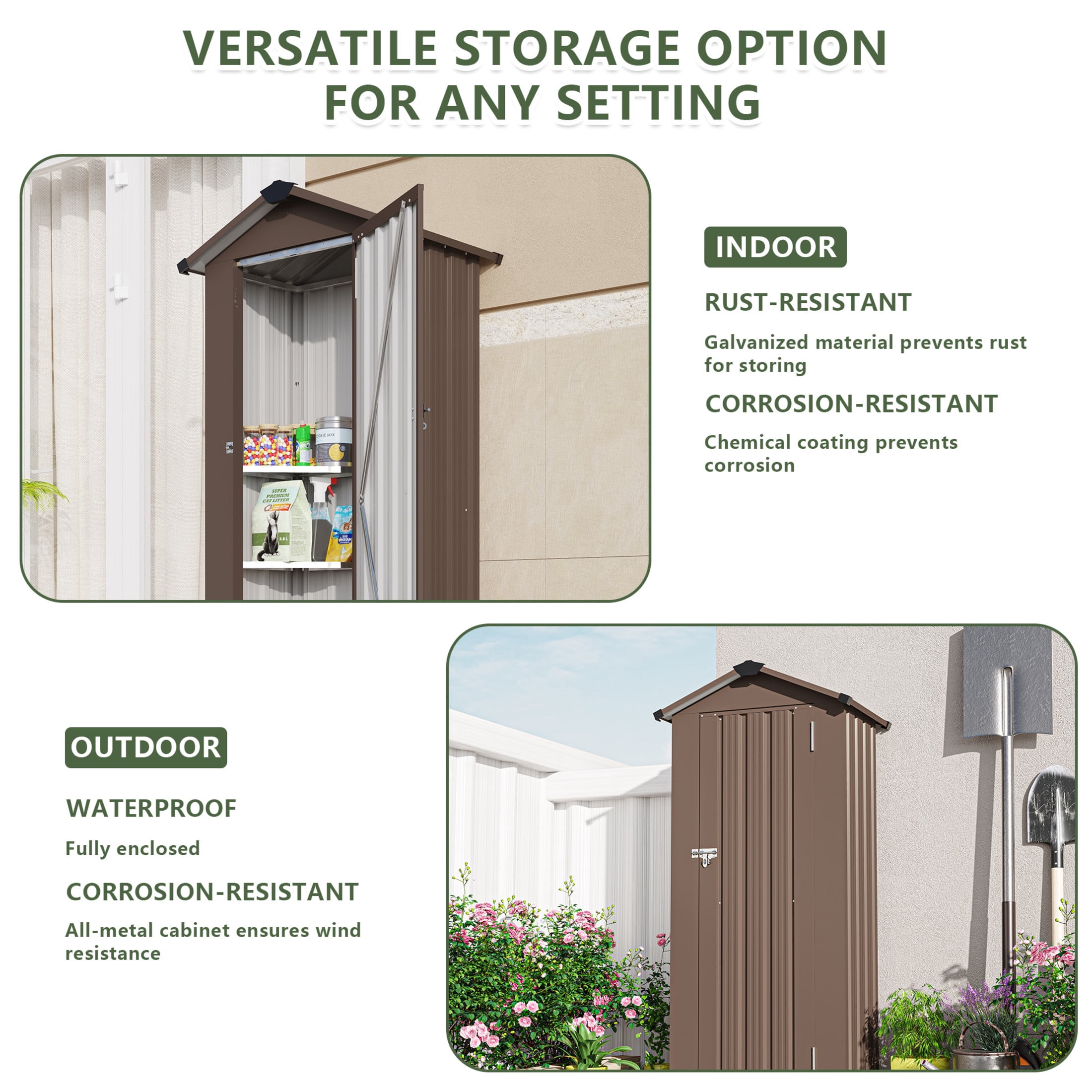 Noble House Outdoor Metal Garden Shed, Waterproof Storage Cabinet with Lock System, Compact Utility Shed, Brown