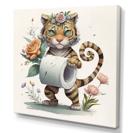 Designart Tiger With Roll Of Toilet Paper And Flowers III Canvas Wall Art