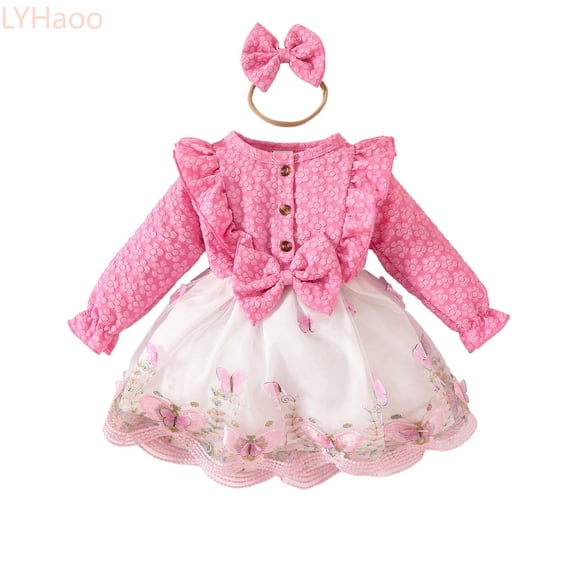 LYHaoo Toddler Girls Long Sleeve Ruffles Floral Bowknot Princess Dress Headbands Outfits,Girls A Line Dresses Sizes 9-12 Months Pink