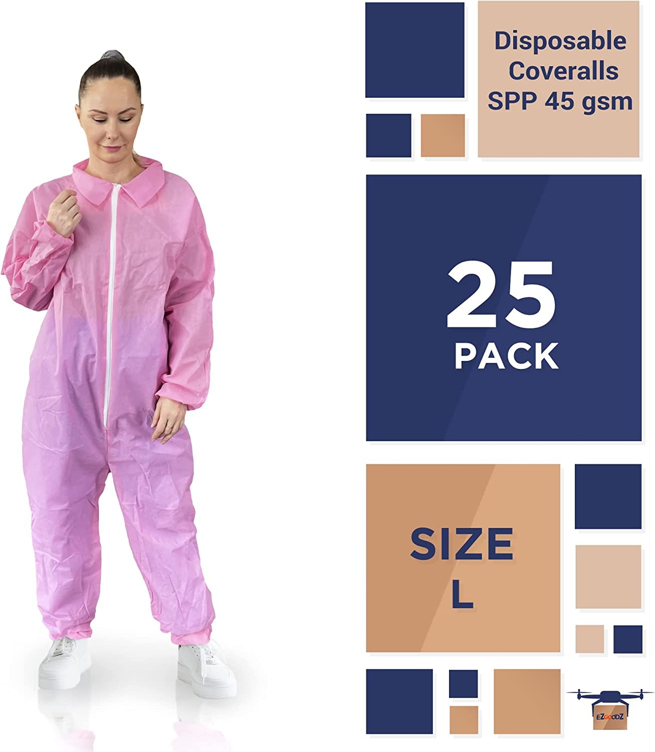 EZGOODZ Disposable Coveralls with Hood, Front Zip, Elastic Cuffs and  Ankles, Pack of 25 Small Pink Hazmat Suits Disposable, SPP 45gsm Disposable  Hazmat Suit Costume, Unisex Painters Suit Disposable