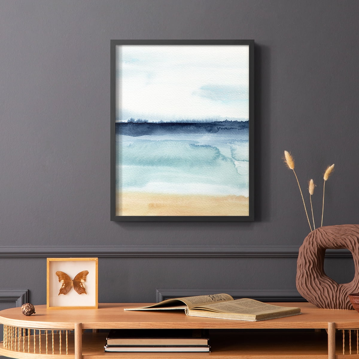 Watercolor Ocean Horizon I Framed Print in Black Solid Wood 16 x 20 Framed Print