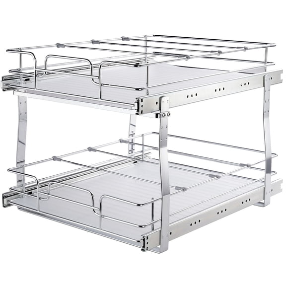 2 Tier 20 Inch Wide x 21 Inch Deep Pull Out Cabinet Organizer, Chrome Steel Slide Out Pantry Shelves, Heavy Duty Roll Out Drawers for Kitchen Storage