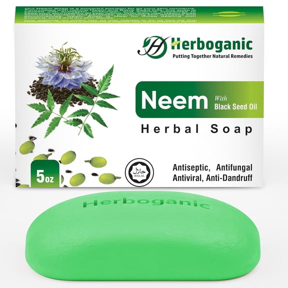 HERBOGANIC Neem and Black Seed Oil Herbal Soap | 5oz Natural Soap Bar Pack of 1 | Rejuvenating & Nourishing Skincare for Men and Women