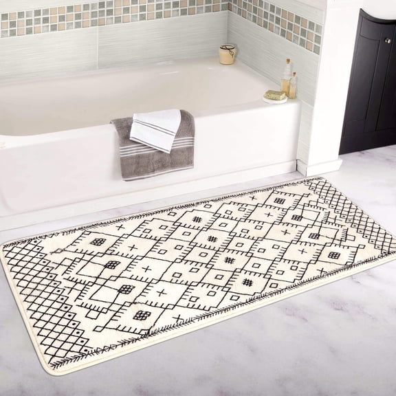 Bathroom Rugs 20x31 inch Black Boho Bath Mat Non-Slip Geometric Moroccan Farmhouse Bath Rug Soft Velvet Machine Washable Bathroom Mats for Tub Sink Shower