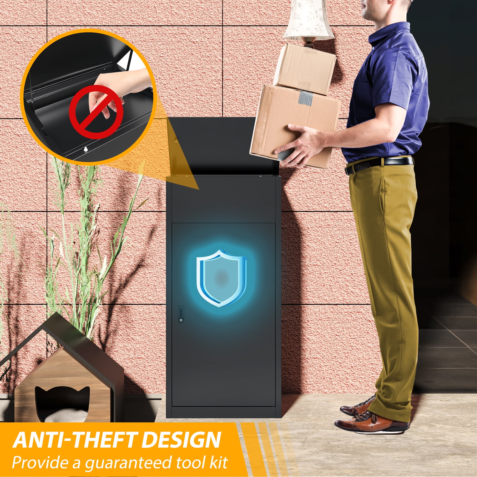 STANI Metal Package Delivery Boxes with Coded Lock, Anti-theft Baffle, Express Mail Package Drop Box for Porch, Curbside, Outdoor, Black, 41.3"H x 19.7"W x 16.1"D