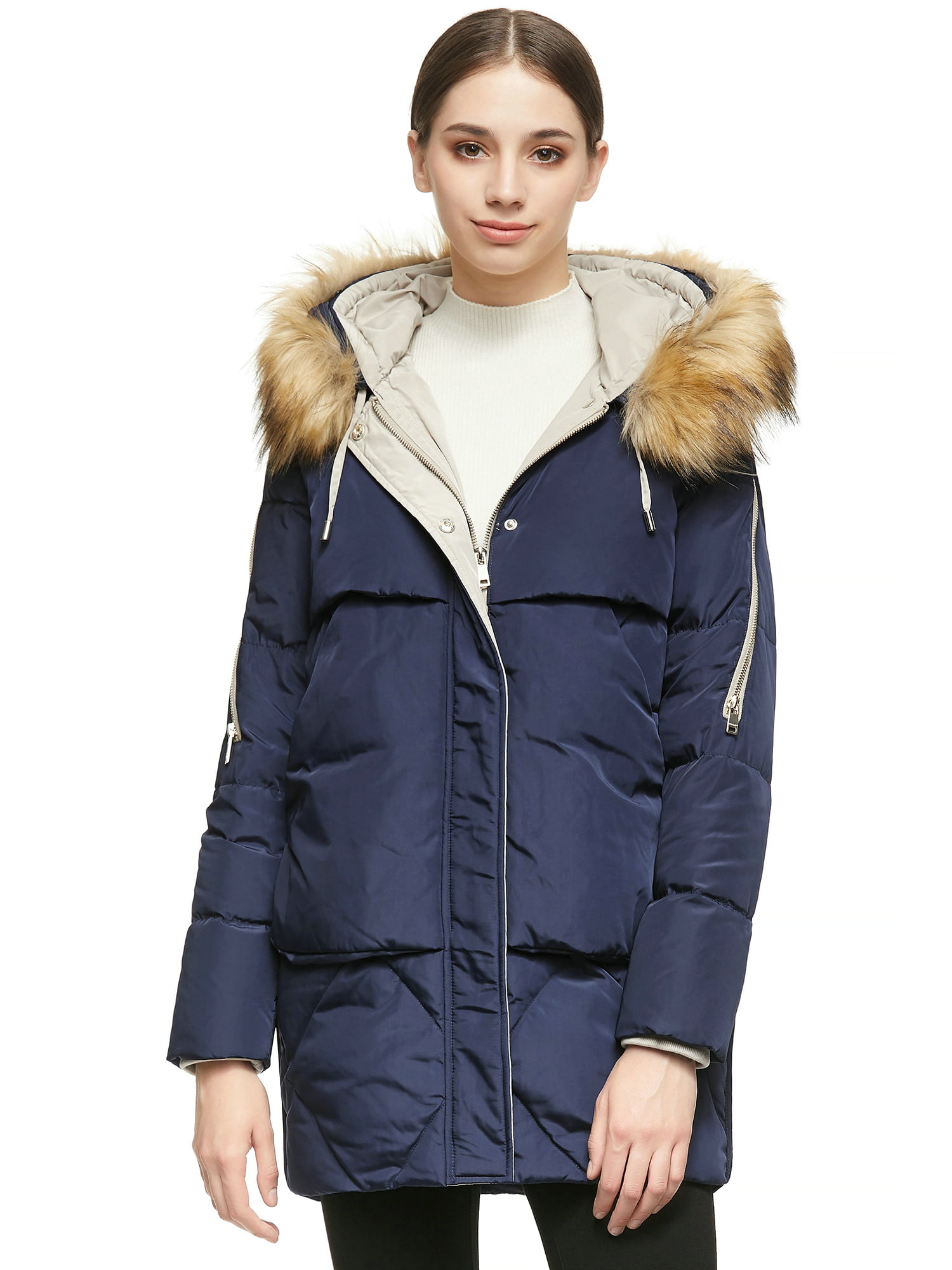 Women's Removable Faux Fur Collar Zip Up Puffer Jacket