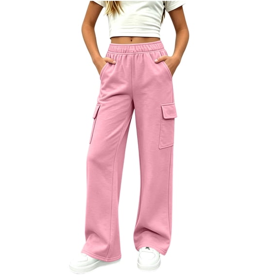 Girls Fleece Lined Sweatpants Wide Leg Cargo Sweatpants Elastic Waist Multi Pocket Casual Trousers