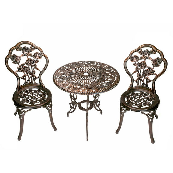 Cast Aluminum Metal Antique Bronze 3 Piece Patio Rose Bistro Set