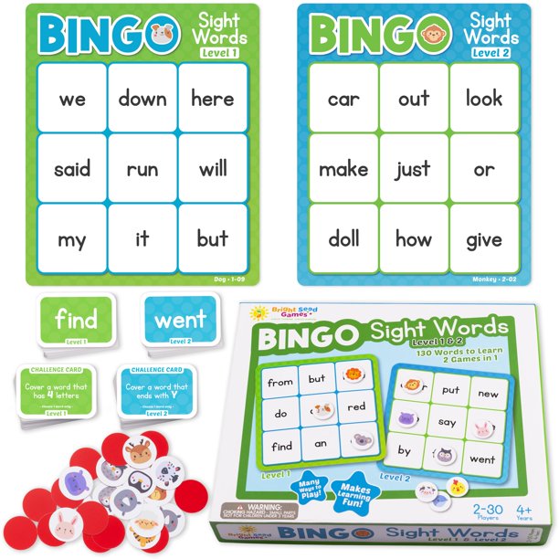 Juego de bingo Bright Seed Games Sight Words Nivel 1 y 2 +4 años