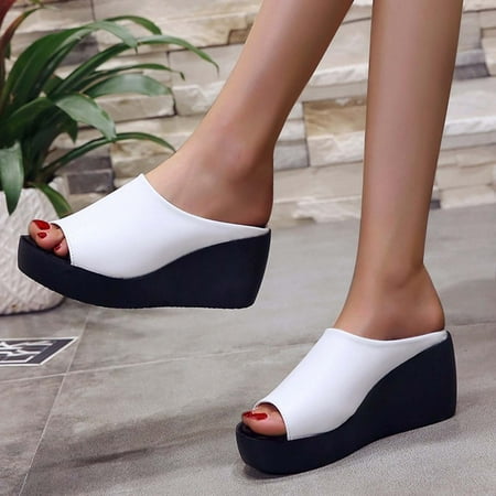 

Tangnade House Slippers for Women Summer Slope Heel Thick Bottom Light Fish Beak Solid Color Sandals Girl