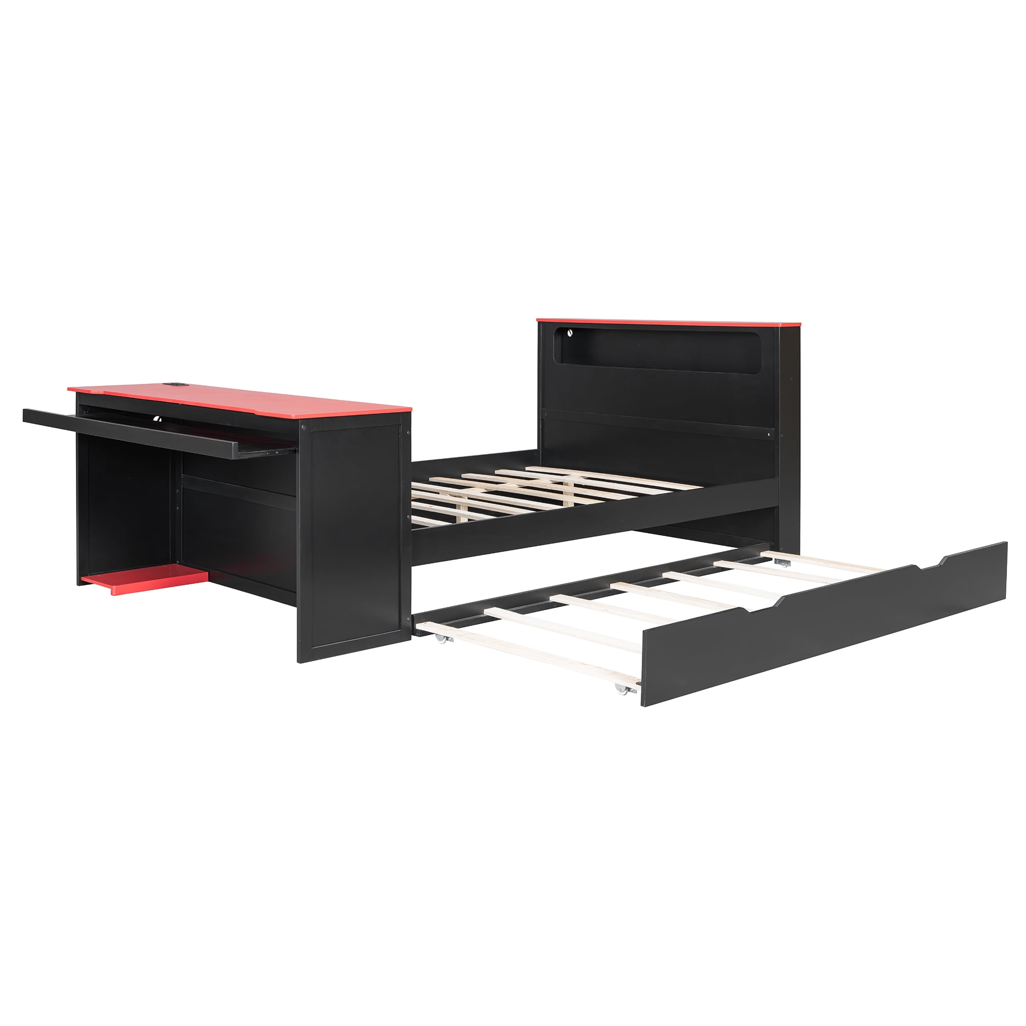 Mintazer Full Gaming Bed with Charge Station & Lights, Daybed with Desk & Trundle for Home Office, Black & Red