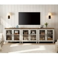 thumbnail image 2 of Farmhouse TV Stand for 100-Inch TVs, Glass and Wooden Universal TV Stand with 3 Storage Cabinets, Entertainment Center for 75/80/85/90-Inch TVs, Console Table for Living Room, Bedroom, Rustic White, 2 of 8