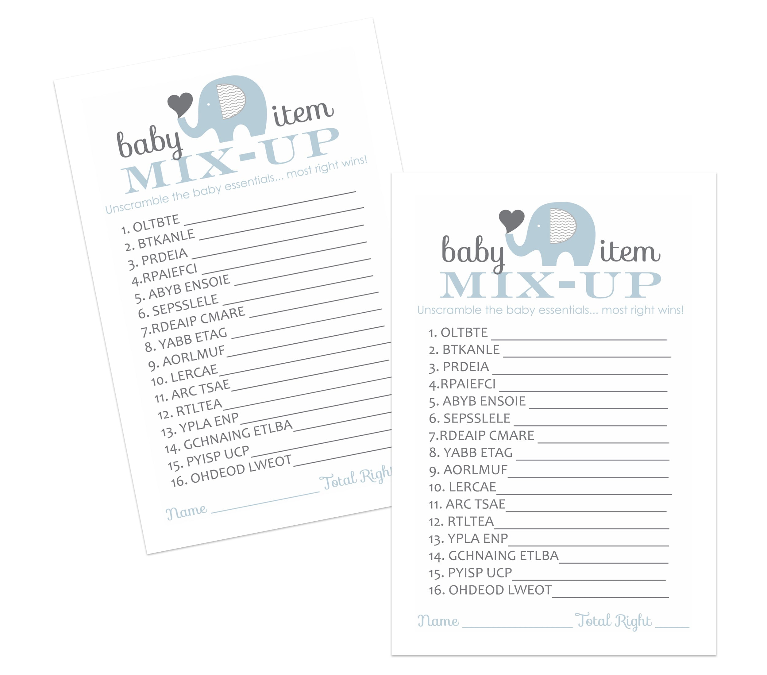 Elephant Baby Shower Word Scramble Game 25 Pack Unscramble Guessing Activity Cards - Boys Cute Jungle Animal Event Blue and Grey - Printed 4x6 Set - Paper Clever Party