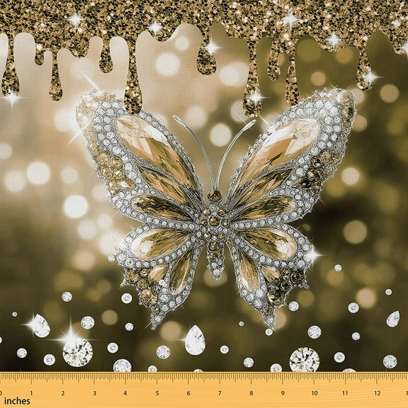Homewish Female Diamond Butterfly Fabric by the Yard 1 Yard, Gold Sequin Print Room Decor Fabric by the Yard, Modern Fashion Sewing Fabric, Luxury Bedroom Decor