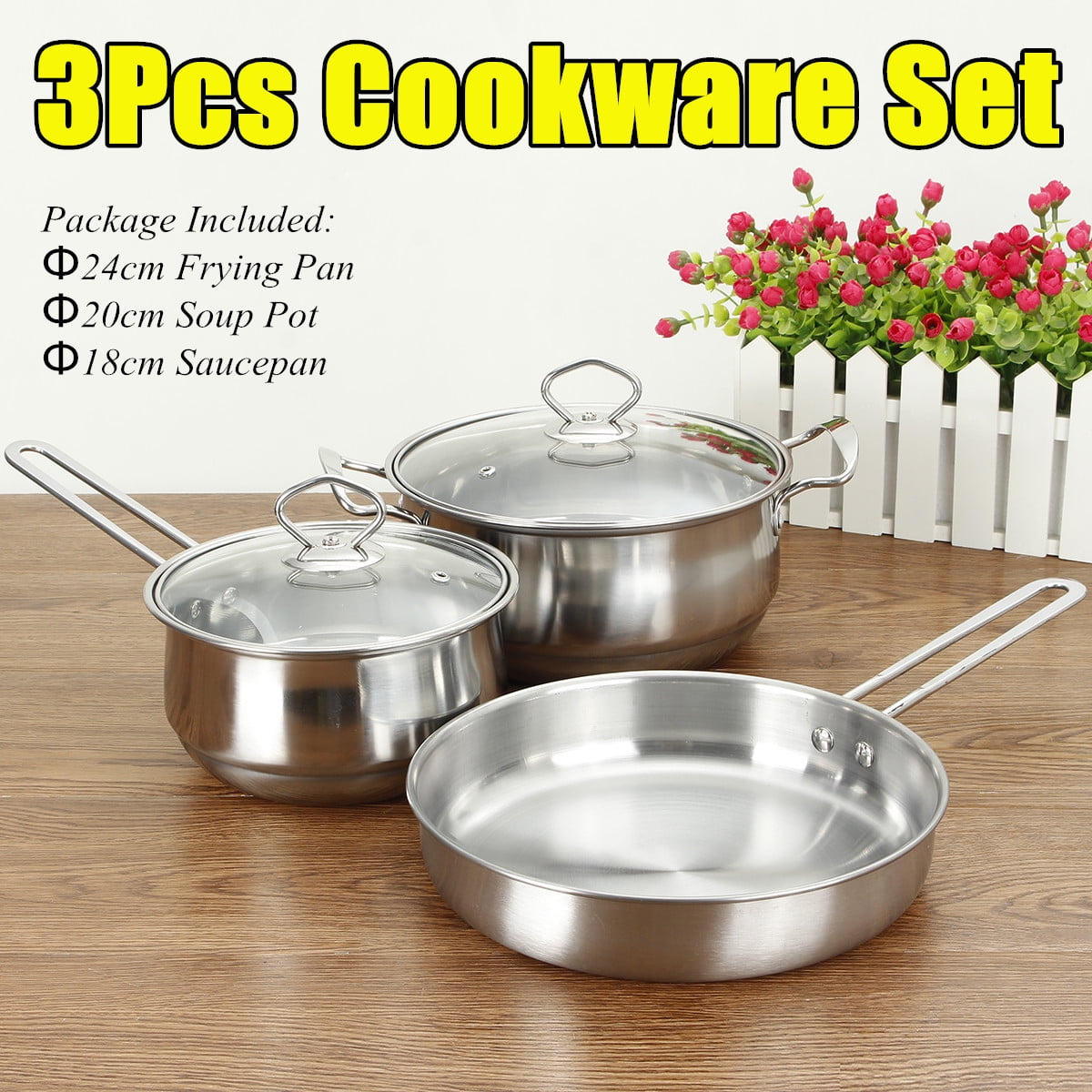 3Pcs Non-Stick Fry Pan Frying Induction Soup Pot Kitchen Cooking Cookware Set US