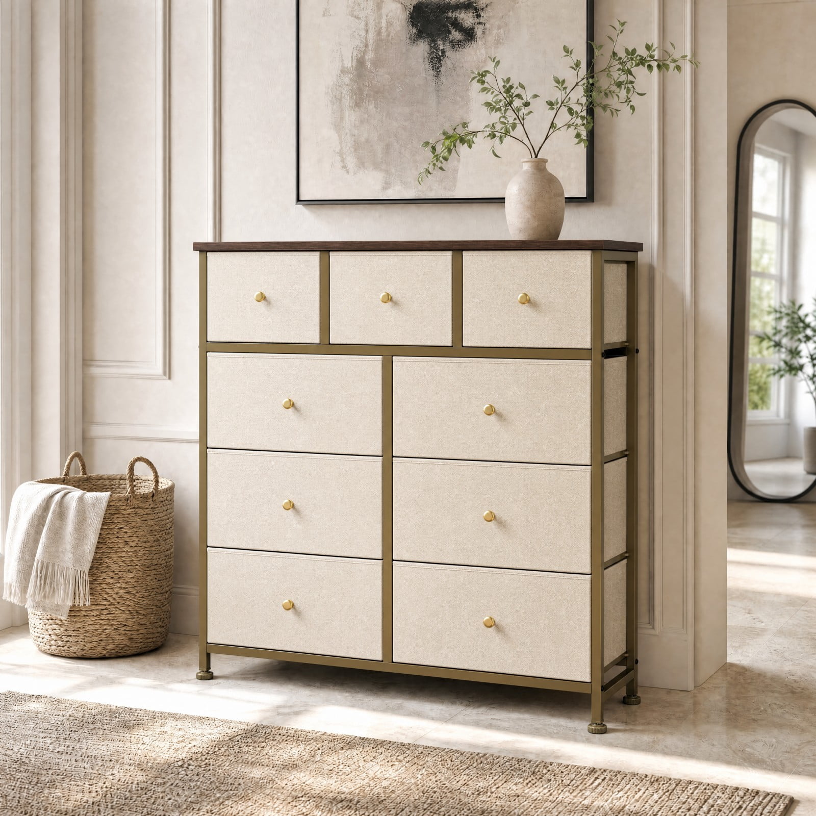 Telyra 9-Drawer Fabric Dresser Tall Storage Tower with Wood Top and Steel Frame Bedroom Closet Organizer, Khaki
