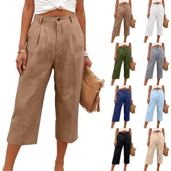 Breathable Linen Capri Pants for Women Wide Leg Pleated Front High Waisted Trousers Button Fly with Pockets Casual Summer Elegant Slacks, #01 Camel, L