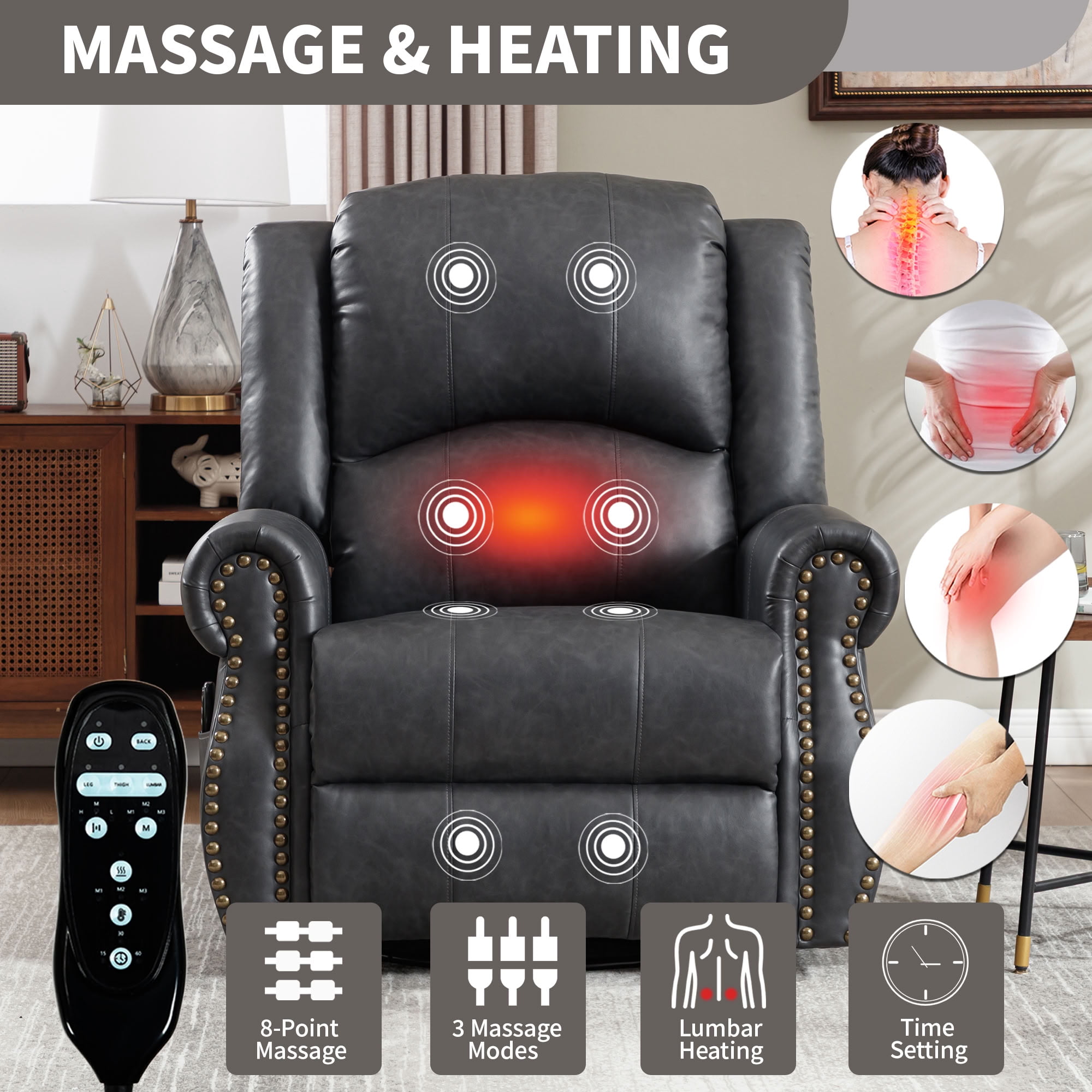 MAYEERTY 360 Degree Swivel Rocker Recliner Chair, Leather Manual Recline Glider Armchair with 8-Point Vibration Massage & Lumbar Heat, 350 LBS Capacity for Living Room Home Theater