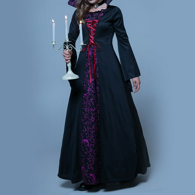 EQWLJWE Robe de Sorcière d'Halloween pour Femme à Capuche à Manches Longues Gothique de Cour à Manches Longues à Encolure Carrée Robe à Lacets