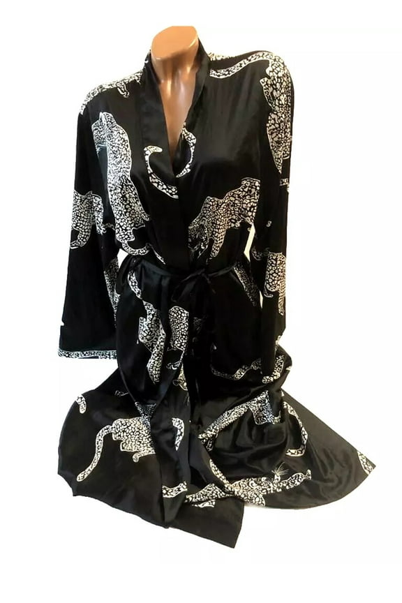 Satin Long Kimono Robe Color Black & White Leopard Graphic , XS/S NWT