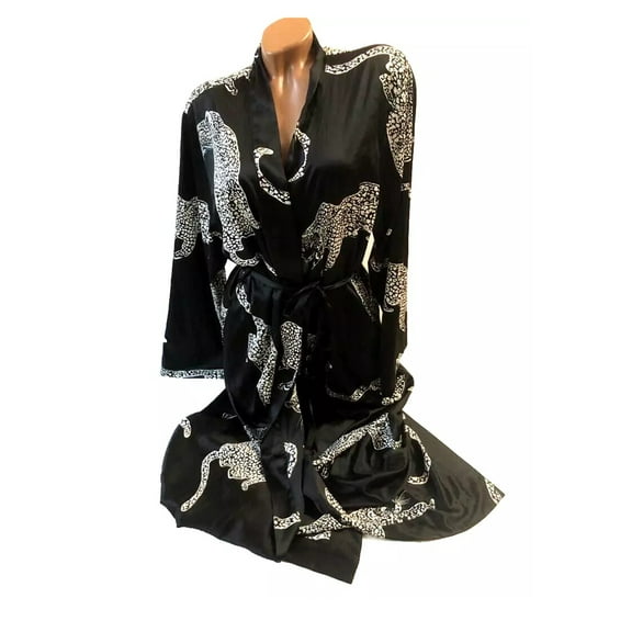 Victoria's Secret Satin Long Kimono Robe Color Black & White Leopard Graphic , XS/S NWT