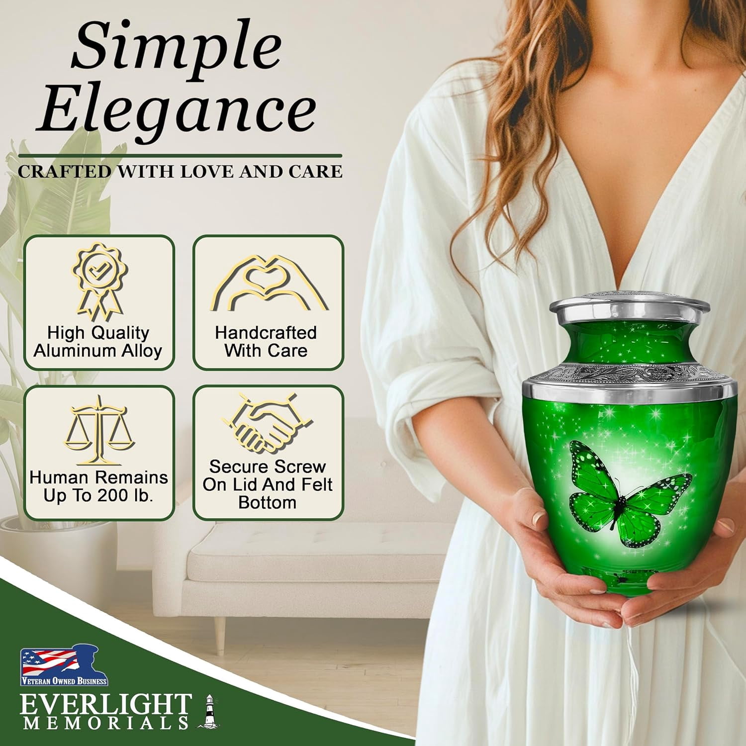 Everlight Memorials Green Butterfly Adult Large Cremation Urn for Human Ashes – With Velvet Bag
