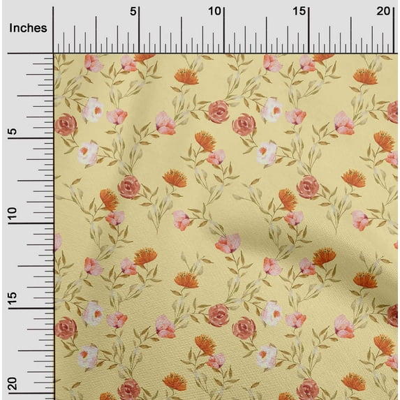 oneOone Cotton Jersey Pale Yellow Fabric Flower & Leaves Watercolor Sewing Craft Project Fabric Prints By Yard 58 Inche Wide