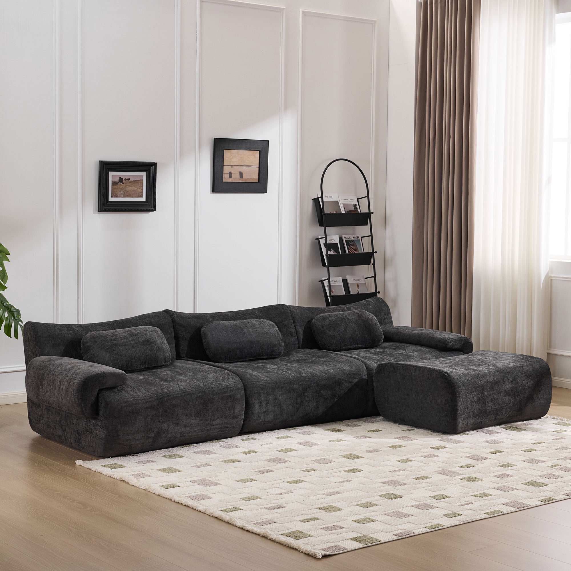 Gewnee 107.9"Modular Sectional Sofa,Upholstered Cloud Couch with Deep Seat & Ottoman,L-Shaped Chenille Sofa for Living Room.Black