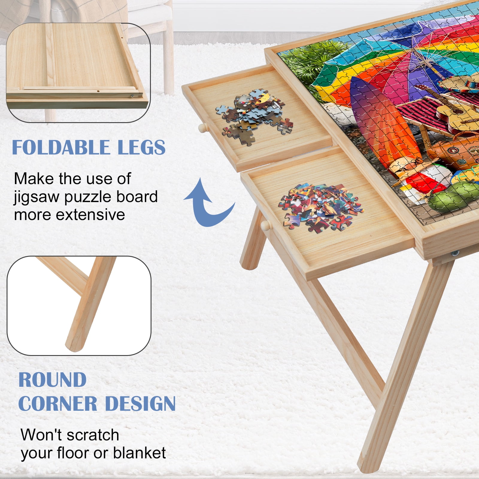1500 Piece Puzzle Table with Folding Legs and 4 Sliding Drawers,34" x 26" Wooden Jigsaw Puzzle Board with Protective Coverfor Adults