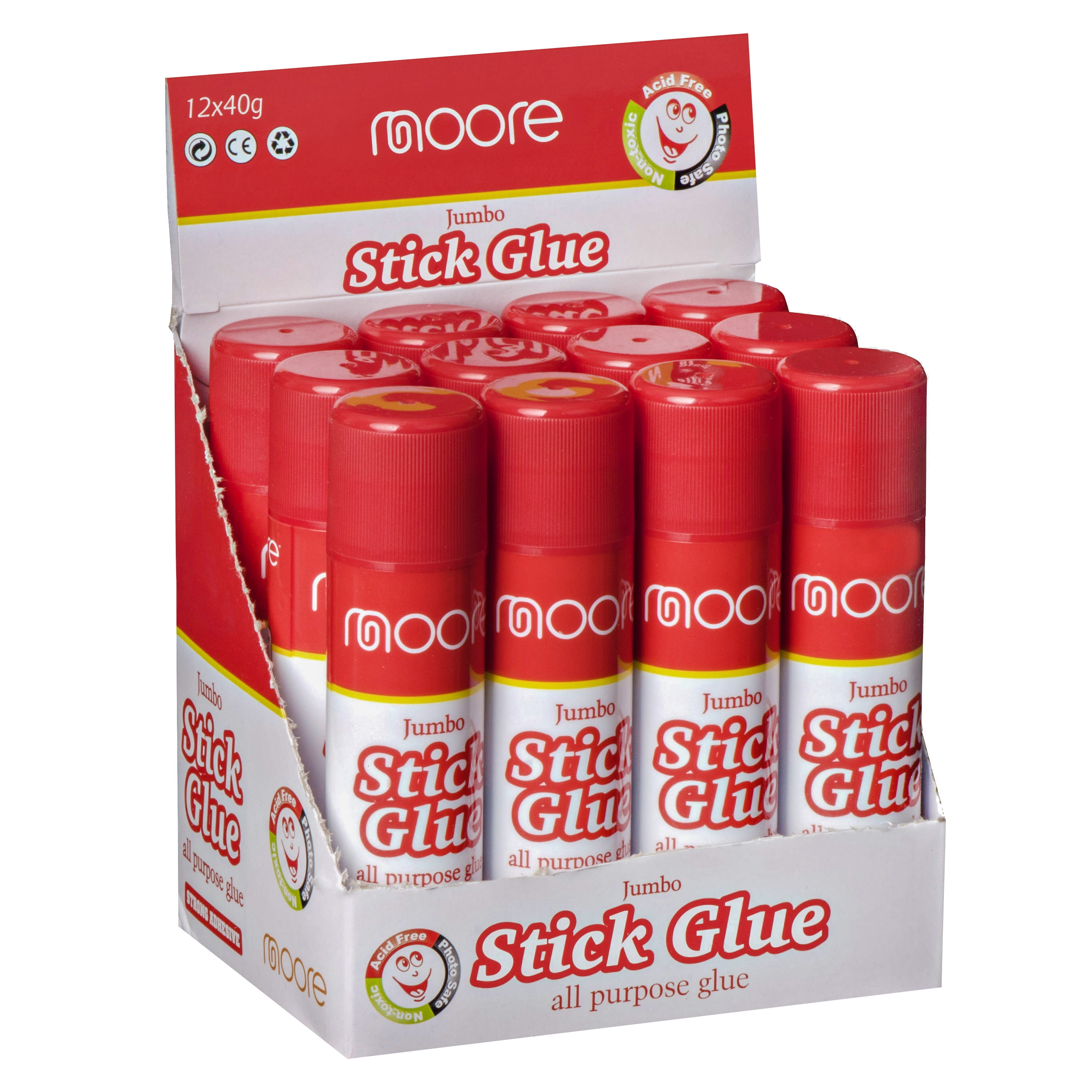 Moore Jumbo Stick Glue, All Purpose Glue Sticks, Strong Hold, Easy Stick, Quick Drying, Non-Toxic, Scrapbooking Supplies for Home, School and Office, 12 Pack