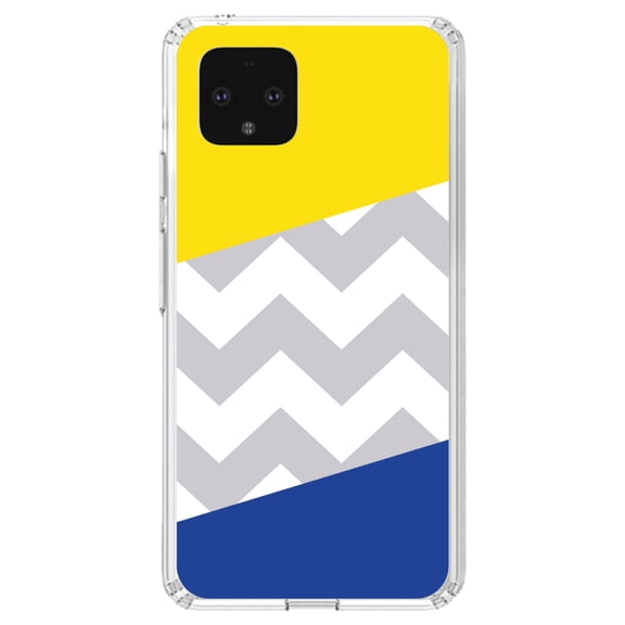 DistinctInk Clear Shockproof Hybrid Case for Google Pixel 4 (5.7" Screen) - TPU Bumper, Acrylic Back, Tempered Glass Screen Protector - Blue Yellow Block Grey Chevron - Chevron Stripes Pattern