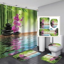 4PCS/Set Spa Zen Shower Curtain set, Black Massage Stone White Candle Japanese Art Tranquil Relaxing Spiritual Meditation Bathroom Decor, Non-slip Bath Mat, Gifts for Women, Purple Orchid & Candle