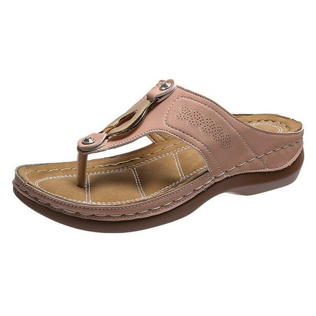 CHOII Promotion! Women s Solid Color Set Wedge Casual Beach Shoes Sandals Women s Shoes Metal Hanging Rings Flip Flops for Ladies Anti-slip Insoles Thong Sandals Love Decoration Embellishment Pink/8