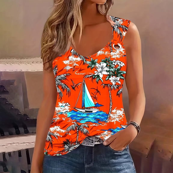 QUNYINEY Casual Women Tank Tops Sleeveless V Neck Camisole Hawaiian Shirts Vintage Beach Loose Tank Tops
