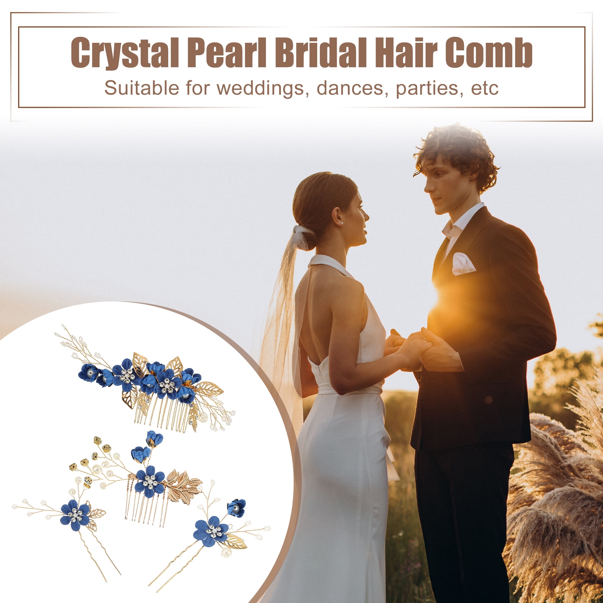 Unique Bargains 4 Pcs Rhinestone Hair Comb for Bride Flower Side Comb Headpiece Deep Blue