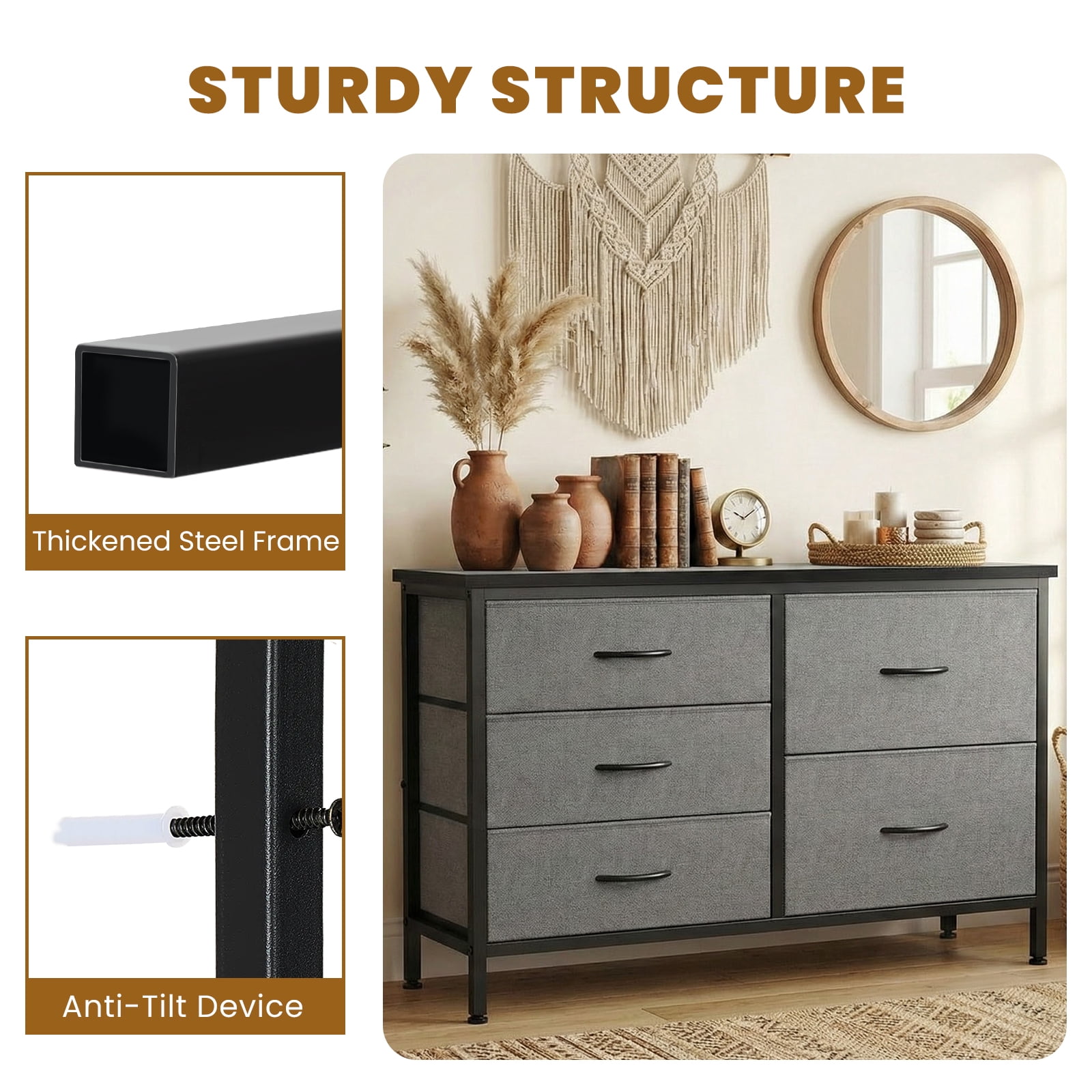 CONCETTA Dresser Storage with 5 Drawers,Storage Organizer for Closet, Suitable for Home and Office Use, Gray