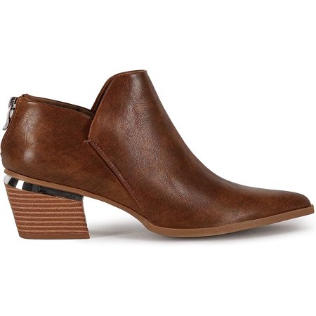 

Women s Low Cut Ankle Boots Pointed Toe Chunky Stacked Heel Metal Detail Back Zipper Booties